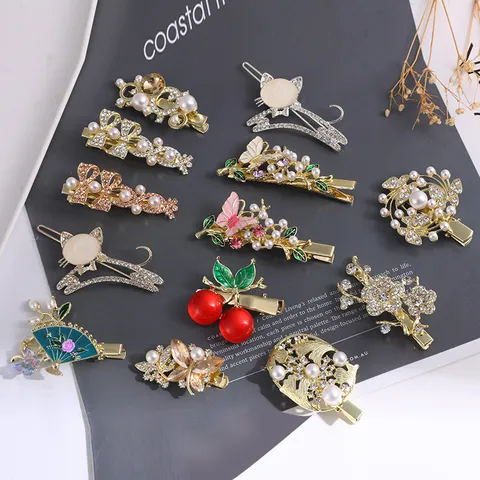 Korean Style Metal Hair Clip Rhinestone Pearl Cat Bow Cherry Fan Hairpin Sweet Hair Accessories For Women Girls
