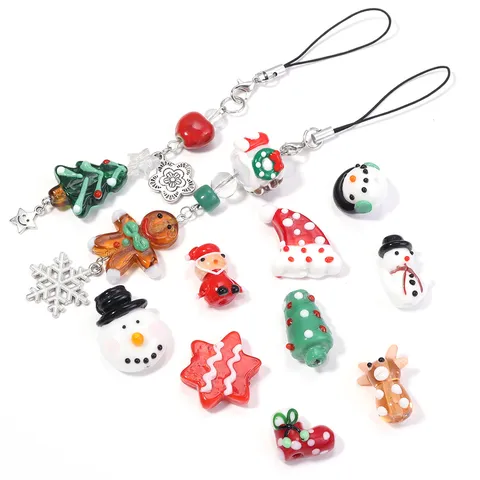 Handmade Lampwork Glass Christmas Loose Beads Cute Snowman Gingerbread Man Tree Shapes For DIY Jewelry Making Festival Party Decoration Craft