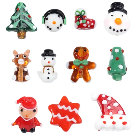 Handmade Lampwork Glass Christmas Loose Beads Cute Snowman Gingerbread Man Tree Shapes For DIY Jewelry Making Festival Party Decoration Craft