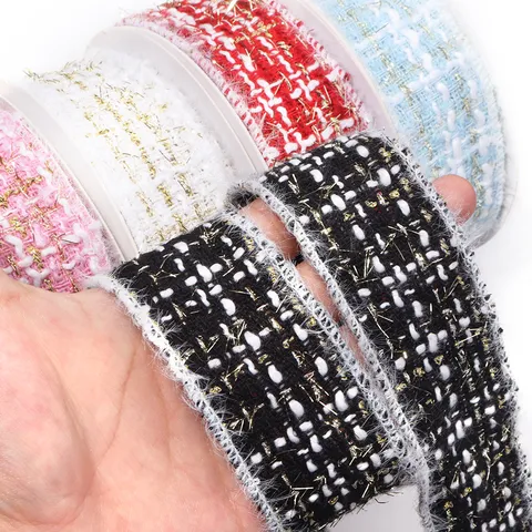 Tweed Style Plaid Ribbon Polyester Woven Trim With Metallic Thread Frayed Edge For DIY Hair Bows Gift Wrap Clothing Accessory