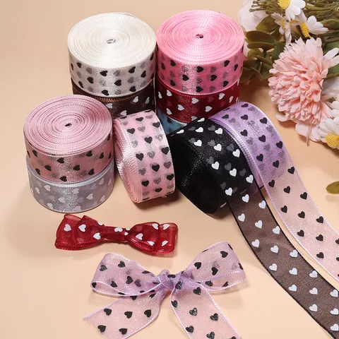 Polyester Heart Printed Tulle Ribbon For Bow Hair Accessories DIY Clothing Sew Craft Flower Packing Ribbon Sweet Decorative Ribbon