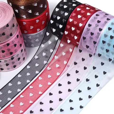Polyester Heart Printed Tulle Ribbon For Bow Hair Accessories DIY Clothing Sew Craft Flower Packing Ribbon Sweet Decorative Ribbon
