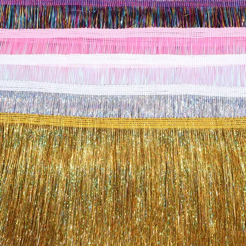 Tenda in Seta di Pioggia Metallizzata Cangiante con Nappine Frangia per Festa Carnevale Hotel Sala da Ballo Lampadario Decorazioni Sfondo Accessori DIY