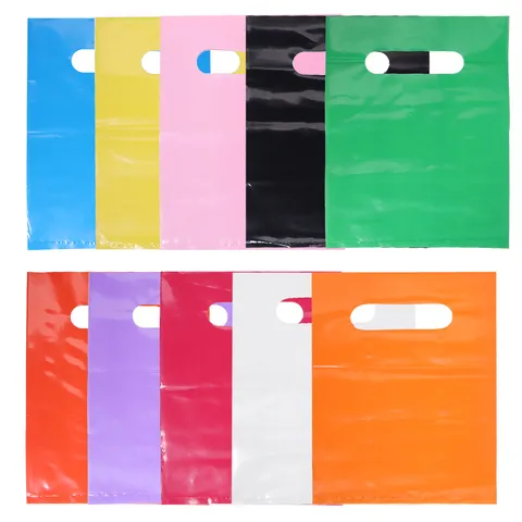 Thickened Plastic Storage Bag Colored Plain PE Packaging Pouches Die Cut Handle Shopping Bag Merchandise Tote Bag For Retail Gift Cosmetics