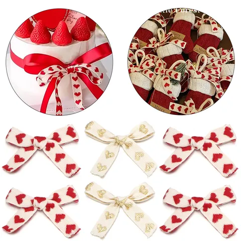 Hand-woven Cotton Ribbon Bow Knot With Embroidered Heart Pattern Valentine Gift Packing Bow Tie Cake Box Decor Accessories