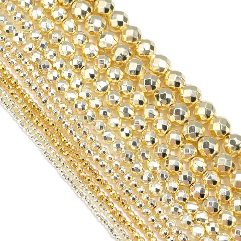 Hematiet Gefacetteerde Voetbaloppervlak Losse Kralen Verguld Goud Ronde Natuursteen Kralen Voor DIY Armband Ketting Sieraden Maken