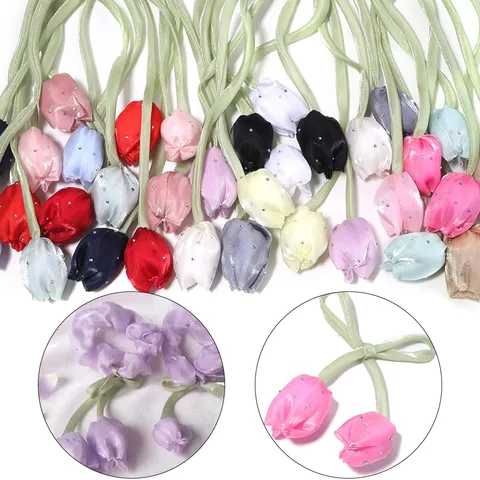 Bouton de Fleur de Tulipe en Ruban de Satin Fait à la Main Ornement de Strass Accessoires de Couture pour Élastiques Cheveux Chaussures Sacs