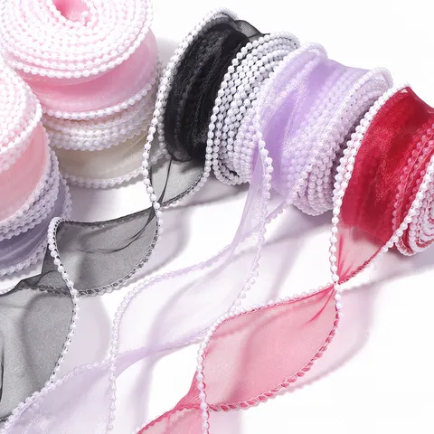 Frisch Süß Gaze Band Mit Künstliche Perle Rand Elegant Einfarbig Gewebt Band Für Bouquet Geschenkbox Deko Kuchen Backen Zubehör