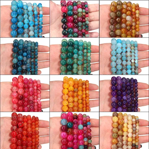 Natural Stone Agate Dragon Vein Crackle Round Beads Drilled Loose Strand For Handmade DIY Bracelet Necklace Earrings Crafting Material