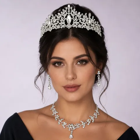 French Luxury Rhinestone Jewelry Set Bridal Wedding Crown Tiara Necklace Earrings Retro Banquet Party Headpiece For Women Jewelry