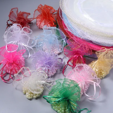 Round Organza Mesh Bag With Sequins Candy Gift Jewelry Packaging Sachet Bag For Wedding Party Favors Small Drawstring Bag