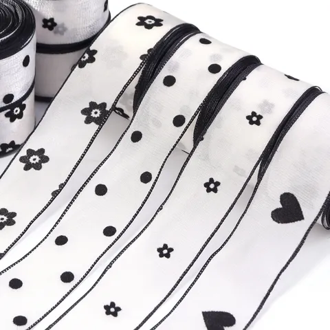 Flocked Gauze Ribbon Heart Dot Flower Pattern Gift Wrapping Ribbon For DIY Bows Bouquet Packaging Apparel Decoration Accessories