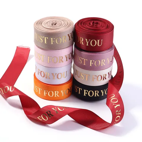 Gold Stamping Ribbed Ribbon Just For You Letter Printed Grosgrain Ribbon Roll For Gift Box Wrapping DIY Bow Polyester Ribbon