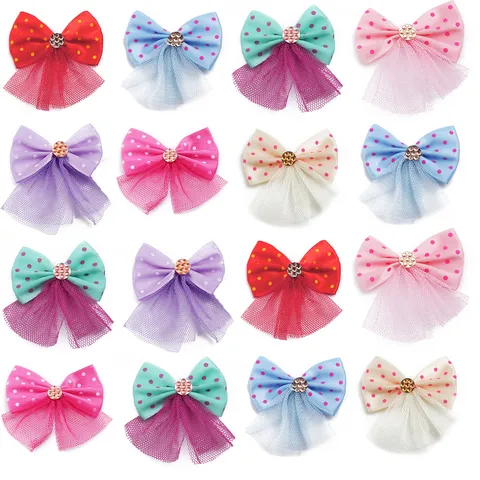 Doux Nœuds en Mesh Polyester à Pois avec Bordure en Dentelle Perles Artificielles Strass Décoration pour Vêtement Bricolage Accessoires