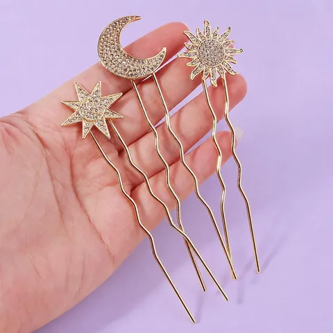 Retro Luxury Star Moon Sun Alloy Rhinestone Hair Sticks For Wedding Party Bridal Hair Accessories Women Jewelry Accessory