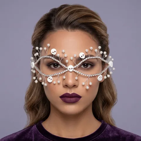Máscara Gótica Oscura de Halloween Diamante de Imitación Perla Artificial Calavera Antifaz Fiesta de Disfraces Carnaval Accesorios