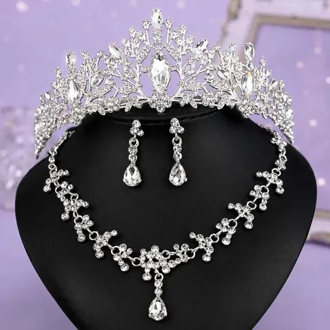 French Luxury Rhinestone Jewelry Set Bridal Wedding Crown Tiara Necklace Earrings Retro Banquet Party Headpiece For Women Jewelry