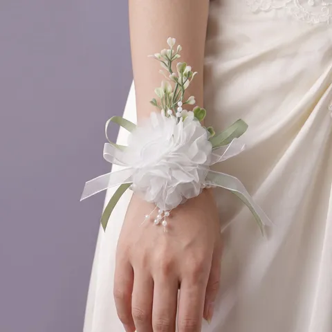 Korean Style Artificial Pearl Fabric Flower Wedding Corsage Wrist Flower Set For Bridesmaid Bridal Party Dress Accessories