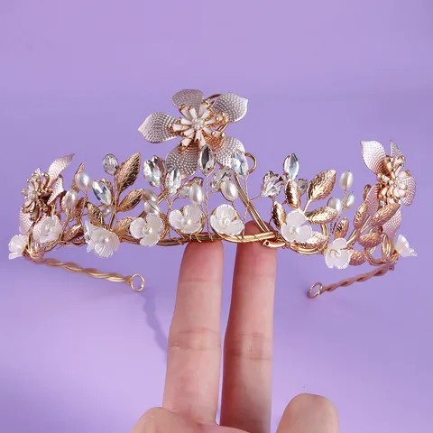 Handmade Artificial Pearl Rhinestone Crown Bridal Wedding Tiara Luxury Floral Pageant Headpiece For Women Party Hair Accessory