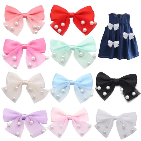 Handmade Mesh Bowknot With Artificial Pearl Appliques Sweet Ribbon Bows For Hair Clips Clothing Bags DIY Jewelry Accessories