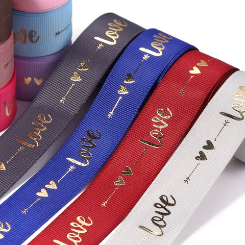 Polyester Bronzing Metallic Love Heart Printed Ribbon For Gift Box Packaging DIY Bow Craft Wedding Valentines Day Decoration
