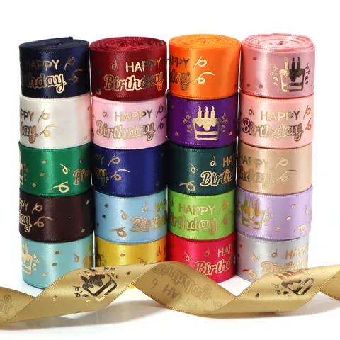 Happy Birthday Gold Bronzing Polyester Ribbon Printed Decorative Satin Ribbon For Gift Wrapping Party Cake Decoration DIY Craft Ribbon