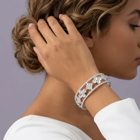 Luxury Alloy Rhinestone Hollow Clover Bangle Elegant Open Cuff Bracelet Layered Link Chain Bracelet For Wedding Banquet Party Gift Women