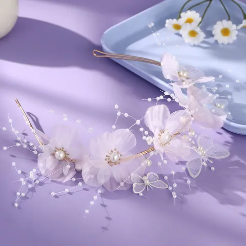 Romantic Mesh Tulle Flower Bridal Headband Fresh Artificial Pearl Butterfly Hair Band Elegance Sweet Princess Crown Headwear For Wedding Photography Women Jewelry