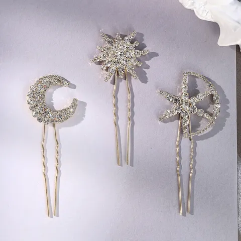 Fashion Shiny Rhinestone Star Moon Hairpin Set Electroplated Copper Alloy U-Shaped Hair Sticks For Women Banquet Party Headwear