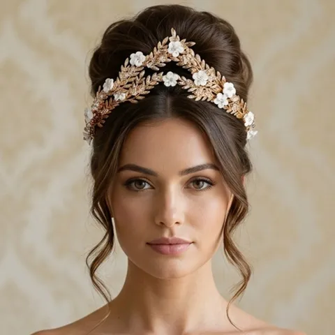 Diadème Nuptial en Pâte Polymère Fait Main Style Mori Branche De Feuille d'Or Couronne De Cheveux De Mariage Pour Mariée Femme Bijoux