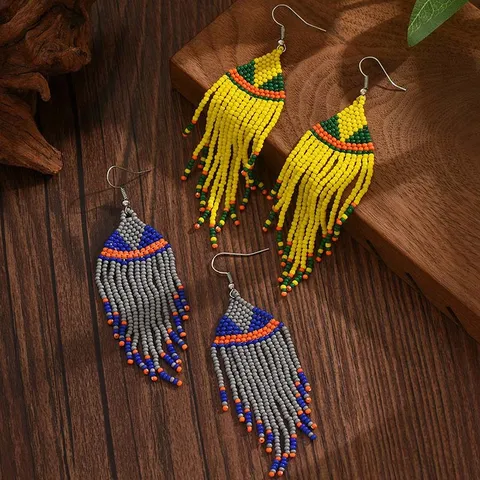 Μποέμ Γεωμετρικά Σκουλαρίκια με Χάντρες και Φούντες για Γυναίκες Χειροποίητα Υφαντά Εθνοτικά Βίντατζ Κοσμήματα