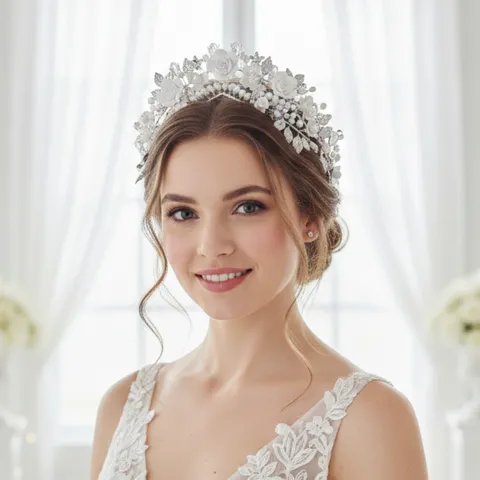 Ornement de Tête de Mariée Fait Main en Pâte Polymère Fleurs Mariage Occidental Perle Artificielle Couronne Serre-Tête Tiare Accessoires Cheveux Avec Peigne Pour Femmes