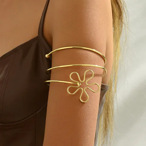 Bracciale da Braccio da Donna in Lega Oro Minimalista Geometrico Traforato a Fiore Regolabile Aperto Catena per il Corpo Gioielli