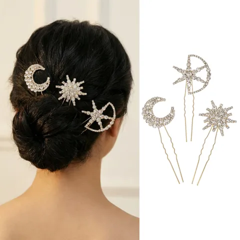 Fashion Shiny Rhinestone Star Moon Hairpin Set Electroplated Copper Alloy U-Shaped Hair Sticks For Women Banquet Party Headwear