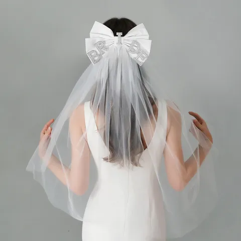 Braut Brief Schleife Hochzeitsschleier Elegant Weißer Tüll Satinband Strass Künstliche Perle Haarspange Brautschmuck Junggesellenabschied Zubehör