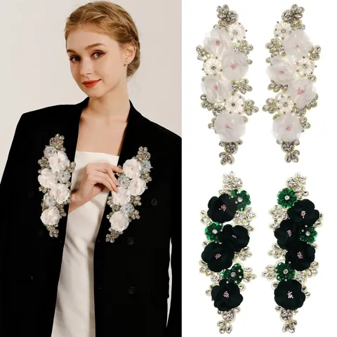 Parches de Flores de Tela 3D Cosidos a Mano con Diamantes de Imitación Broche de Aplique Bordado con Pin Para Traje Vestido de Noche DIY