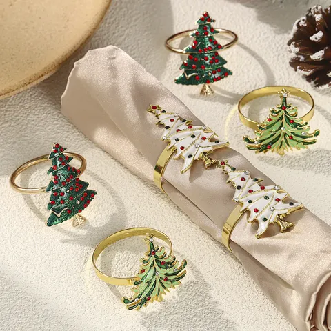 Christmas Tree Napkin Rings Set of 6 Alloy Enamel Rhinestone Napkin Buckle For Dining Table Decoration Xmas Party New Year