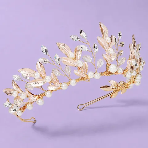 Handmade Forest Style Bridal Artificial Pearl Rhinestone Headband Gold Silver Leaf Crown Headpiece For Wedding Banquet Photoshoot