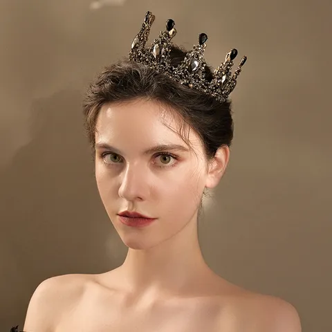 Retro Baroque Alloy Rhinestone Round Crown Antique Gold Black Gemstone Tiara For Wedding Halloween Party Women Hair Jewelry