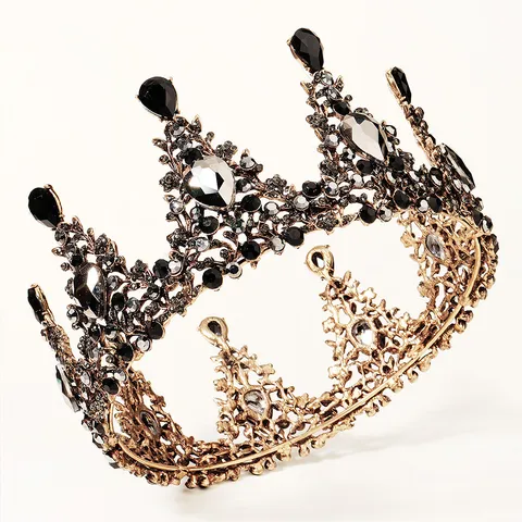 Retro Baroque Alloy Rhinestone Round Crown Antique Gold Black Gemstone Tiara For Wedding Halloween Party Women Hair Jewelry