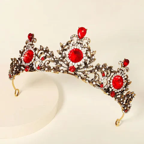 Baroque Vintage Red Rhinestone Crown For Bride Wedding Party Alloy Tiara Headpiece Hair Accessory For Women Costume Jewelry
