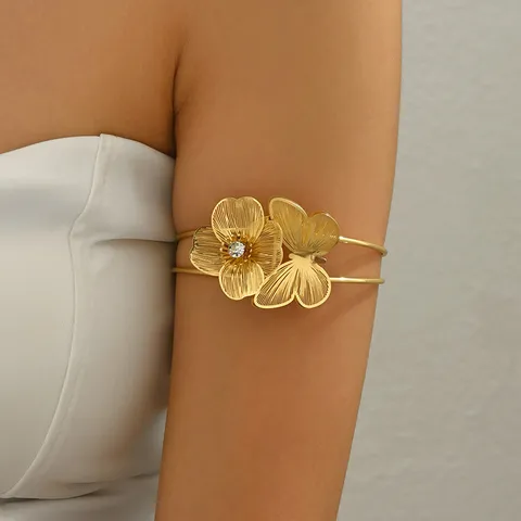 Bracciale da Braccio Regolabile Aperto a Più Strati in Lega di Strass con Fiori e Farfalle Catena del Corpo Gioielli da Donna