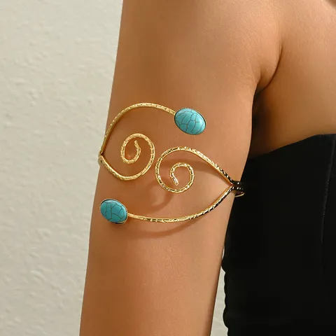 Bracciale da Braccio Aperto Svuotato Geometrico in Lega Esagerata da Donna Bracciale Rigido da Mbraccio Superiore a Vortice di Spirale Alla Moda Con Gioielli a Catena per il Corpo in Imitazione Turchese