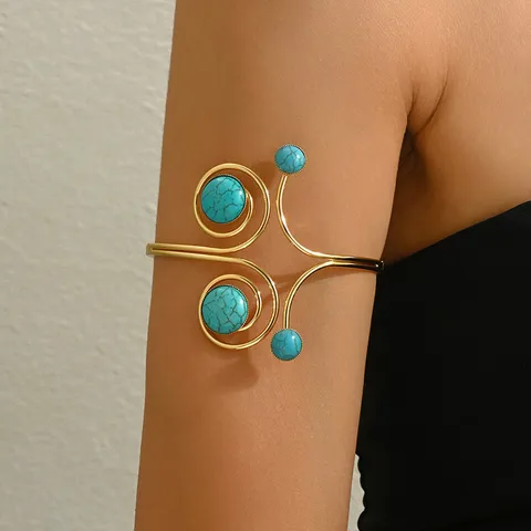 Bracciale da Braccio Aperto Geometrico Esagerato da Donna con Turchese Artificiale Lega Oro Argento Gioielli per il Corpo