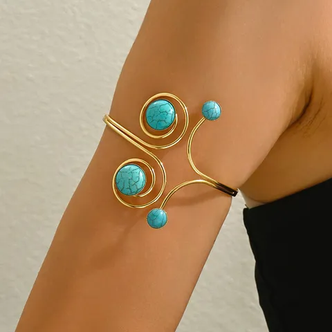 Bracciale da Braccio Aperto Geometrico Esagerato da Donna con Turchese Artificiale Lega Oro Argento Gioielli per il Corpo
