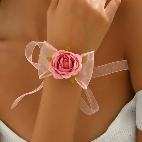 Dolce Elegante Pizzo Rosa Tessuto Rosa Fiore Braccialetto Nastro di Organza Fiocco Fatto a Mano Mano Polso Corsage Gioielli Lungo Cordino Polsino Donna Accessorio