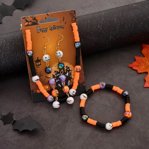 Set di Gioielli in Argilla Polimerica con Zucca e Scheletro di Halloween da Donna Set di Orecchini Collana Braccialetto in Lega Galvanizzata per Festa del Festival