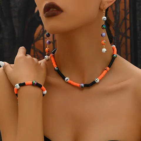Set di Gioielli in Argilla Polimerica con Zucca e Scheletro di Halloween da Donna Set di Orecchini Collana Braccialetto in Lega Galvanizzata per Festa del Festival
