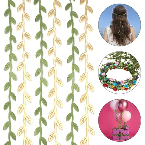 Cinta de Rattan de Hoja Artificial Estilo Bosque Vid de Tela Oro Verde Borde Para Guirnalda Bricolage Diadema Fiesta