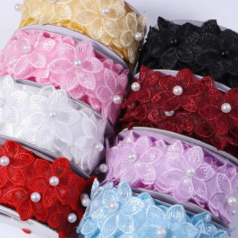 Original Design Thread Yarn Embroidered Six-Petal Flower Lace Trim Ribbon With Artificial Pearl Beads DIY Jewelry Making Craft Clothing Sewing Accessory
